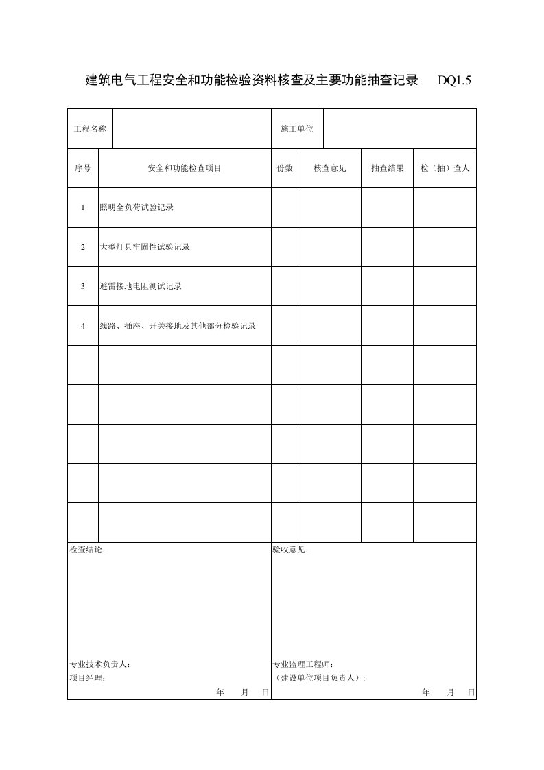 工程资料-DQ15建筑电气工程安全和功能检验资料核查及主要功能抽查记录