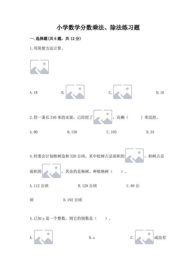 小学数学分数乘法、除法练习题（历年真题）