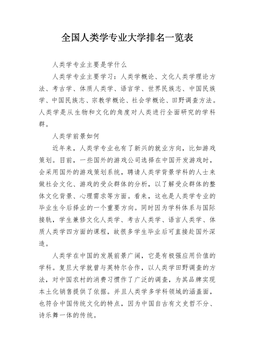 全国人类学专业大学排名一览表