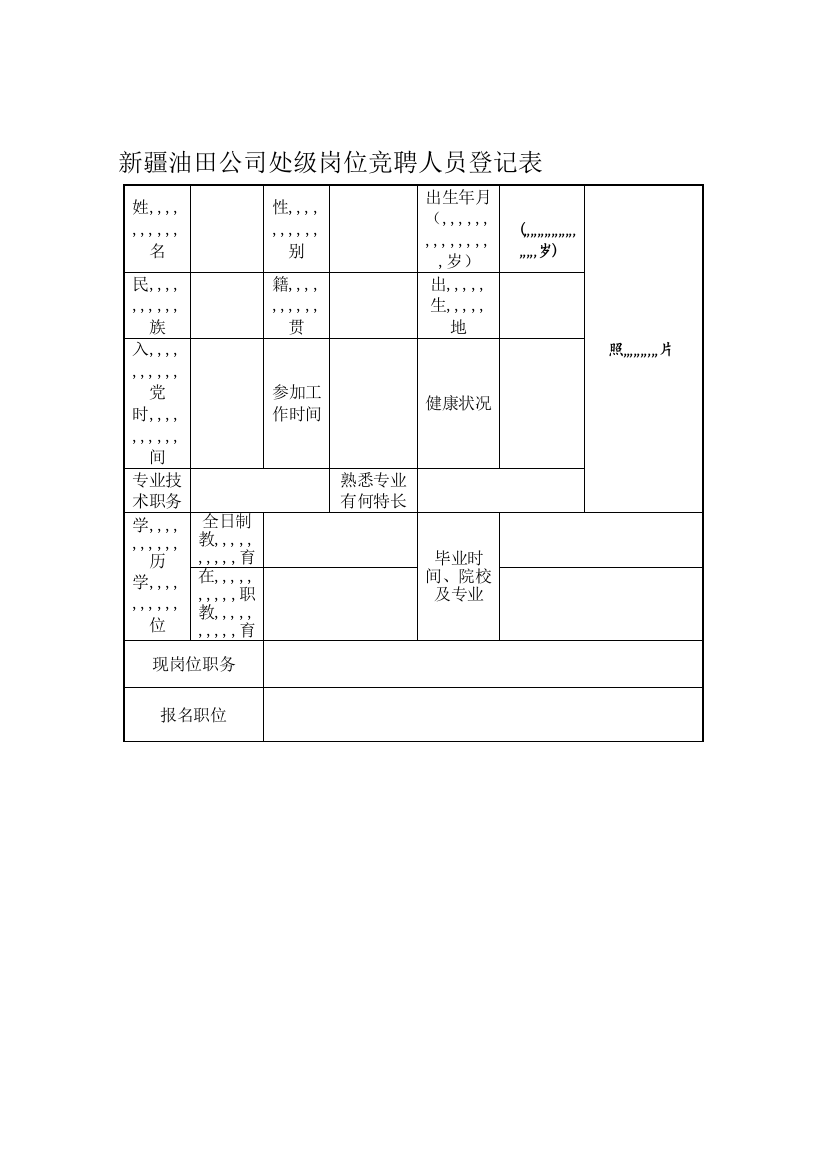 新疆油田公司处级岗亭竞聘人员挂号表