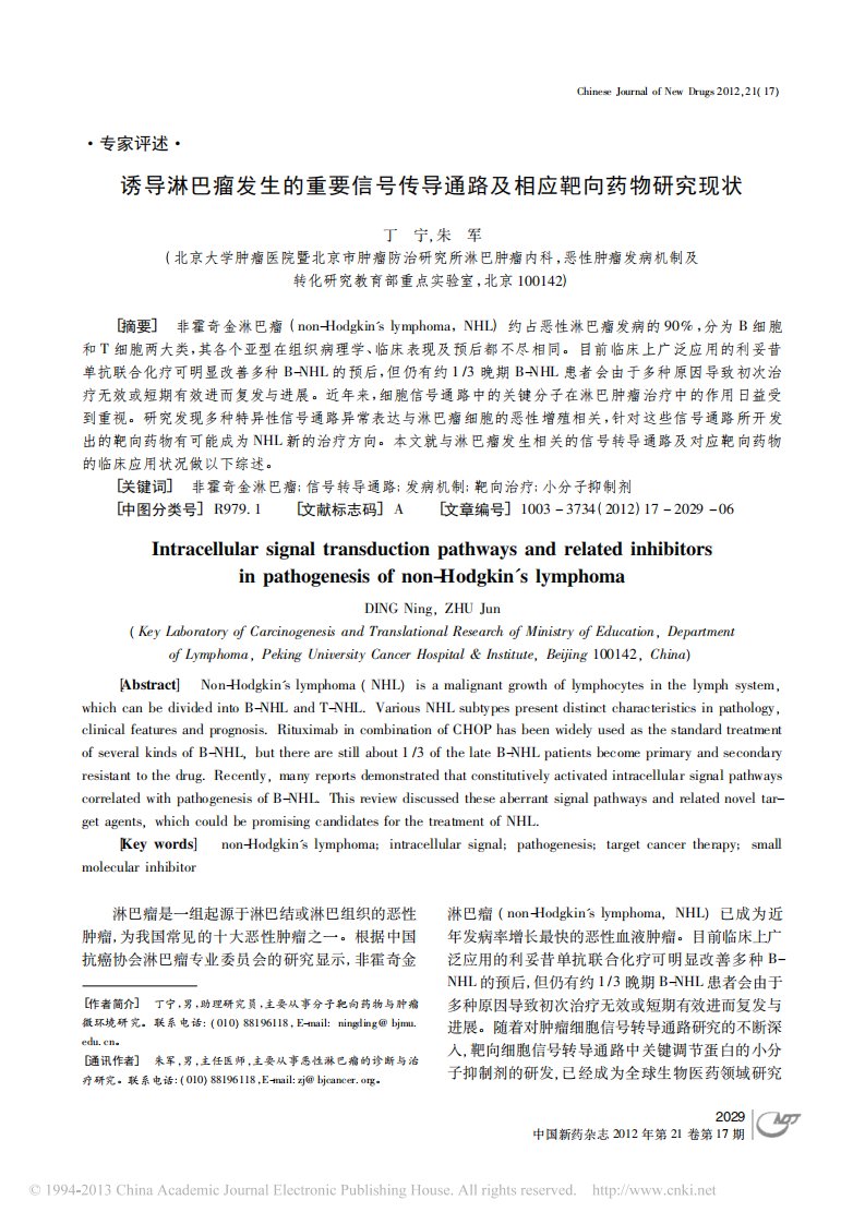 诱导淋巴瘤发生的重要信号传导通路及相应靶向药物研究现状