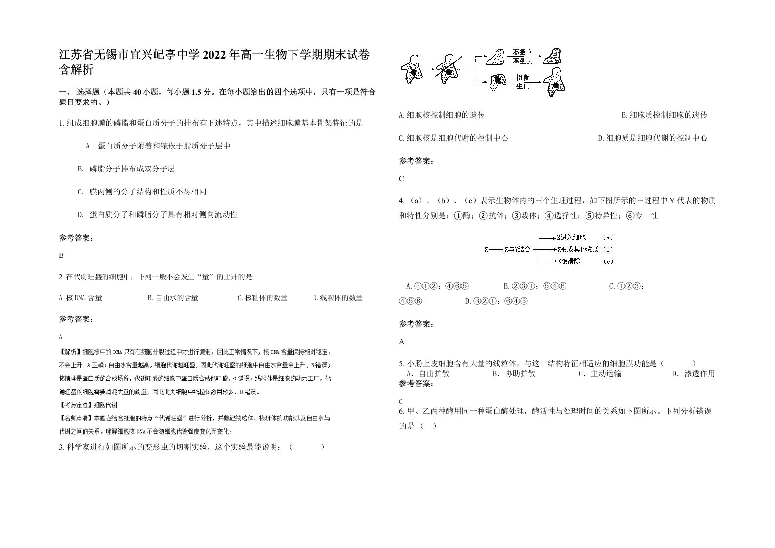 江苏省无锡市宜兴屺亭中学2022年高一生物下学期期末试卷含解析