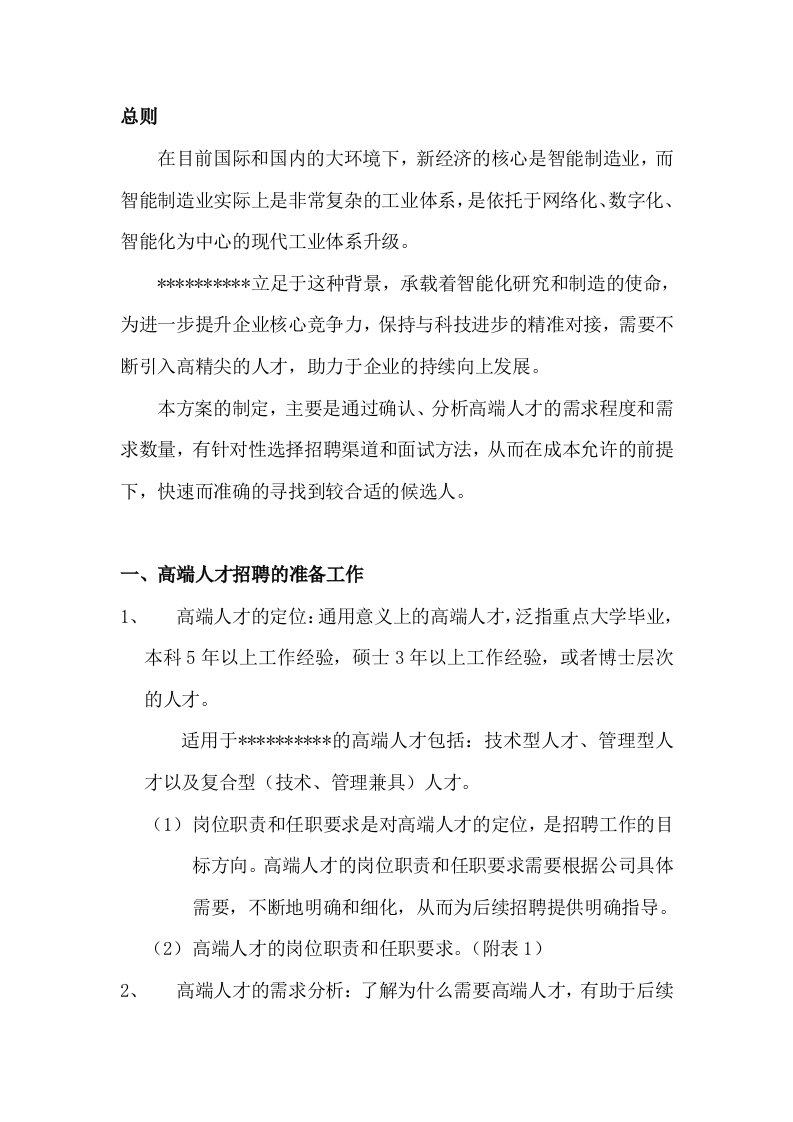 某公司高端人才招聘方案