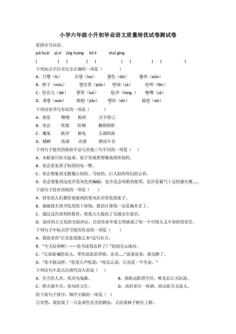 小学六年级小升初毕业语文质量培优试卷测试卷