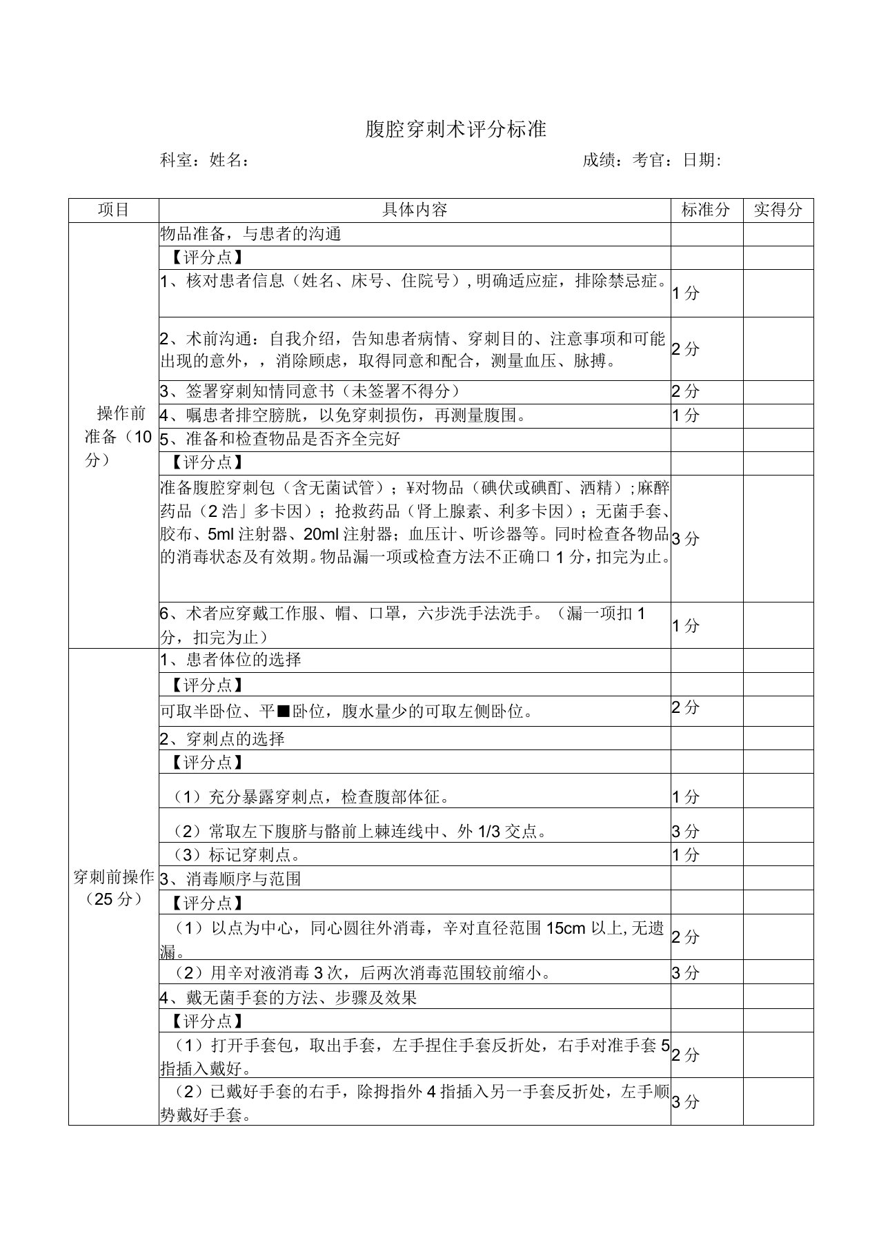 腹腔穿刺术评分标准