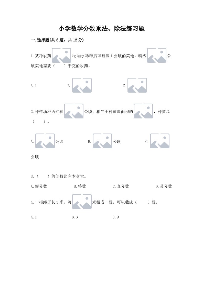 小学数学分数乘法、除法练习题【各地真题】