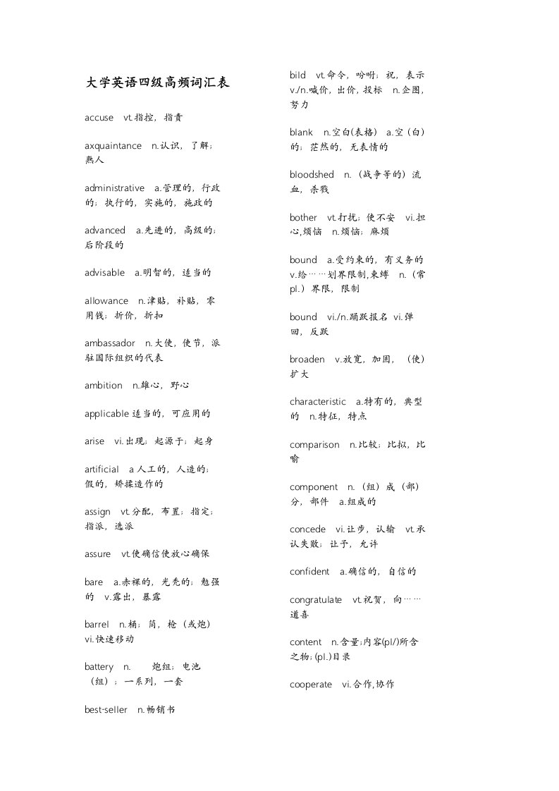 大学英语四级高频词汇表