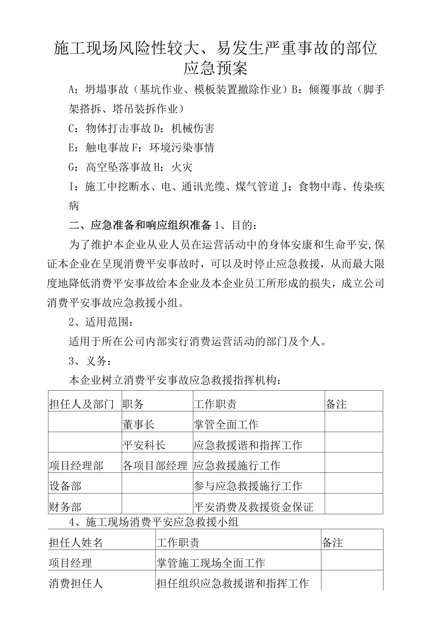 施工现场风险性较大、易发生严重事故的部位应急预案