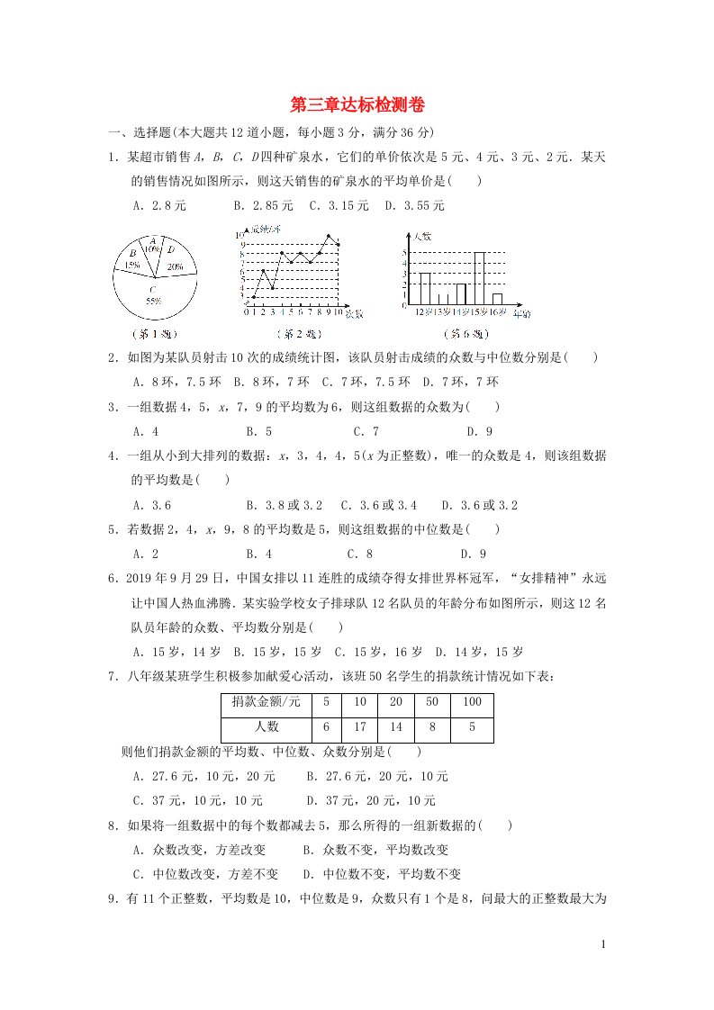 2021秋八年级数学上册第三章数据的分析达标检测卷鲁教版五四制