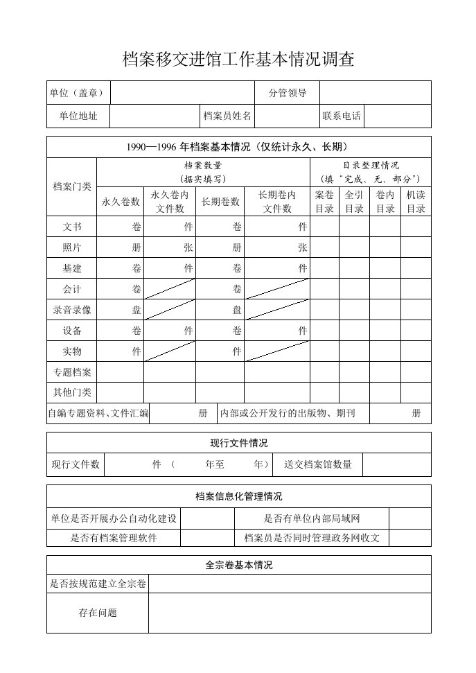 档案移交进馆作基本情况调查