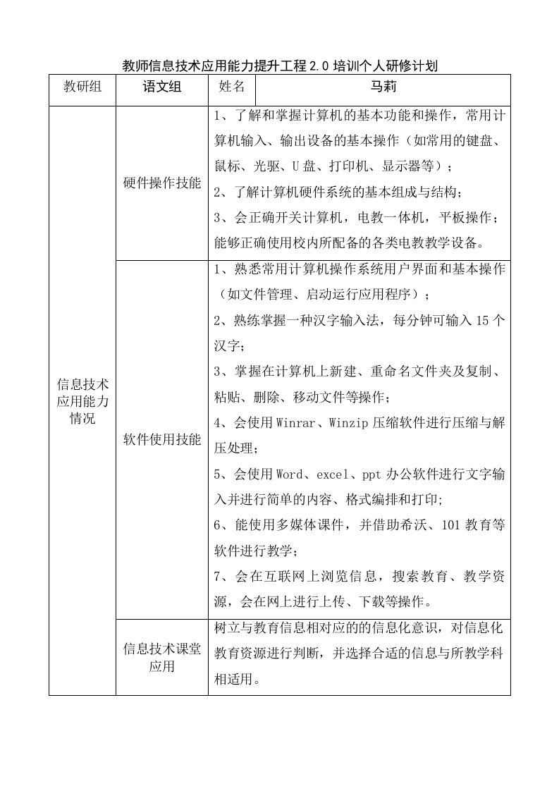 教师信息技术应用能力提升工程0培训个人研修计划