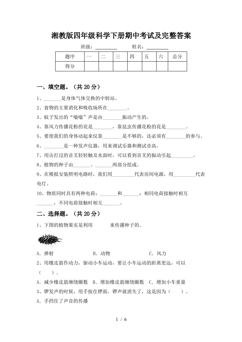 湘教版四年级科学下册期中考试及完整答案