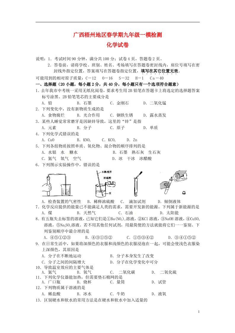 广西梧州地区九级化学一模检测试题