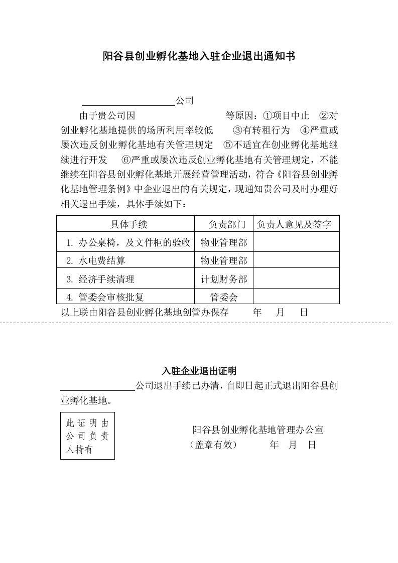 13孵化基地入驻企业退出通知书