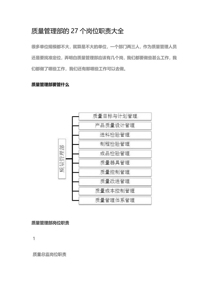 某公司质量管理部的岗位职责大全