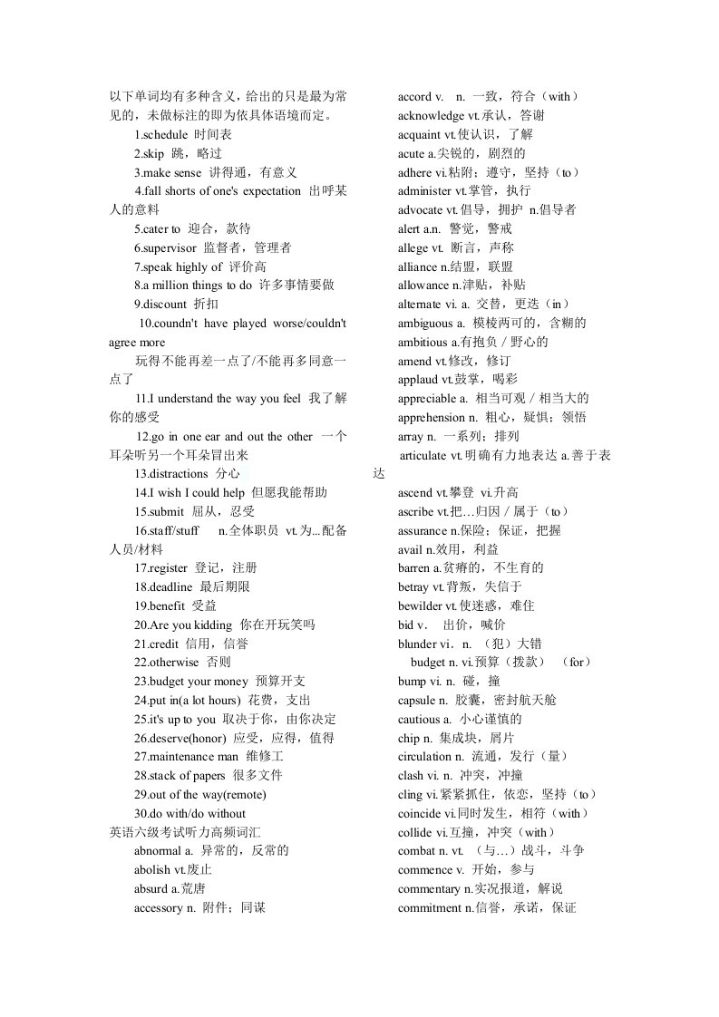 大学英语六级听力高频词汇总结