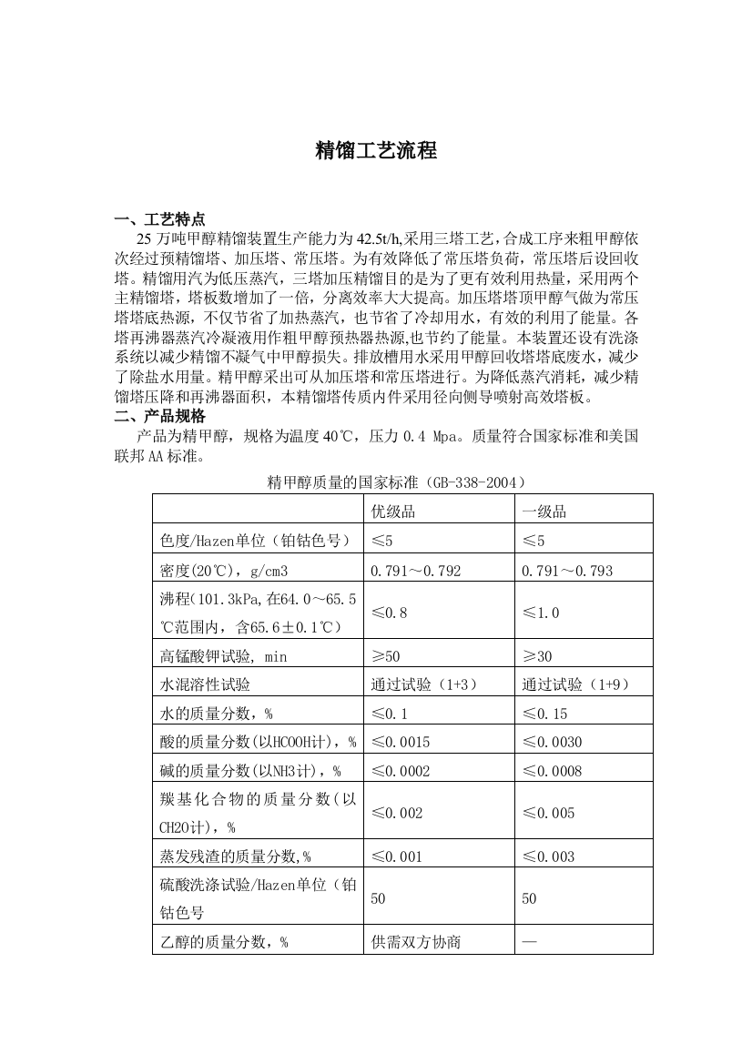 25万吨甲醇精馏工艺流程