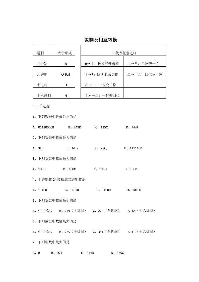 二进制十进制八进制十六进制转换练习题