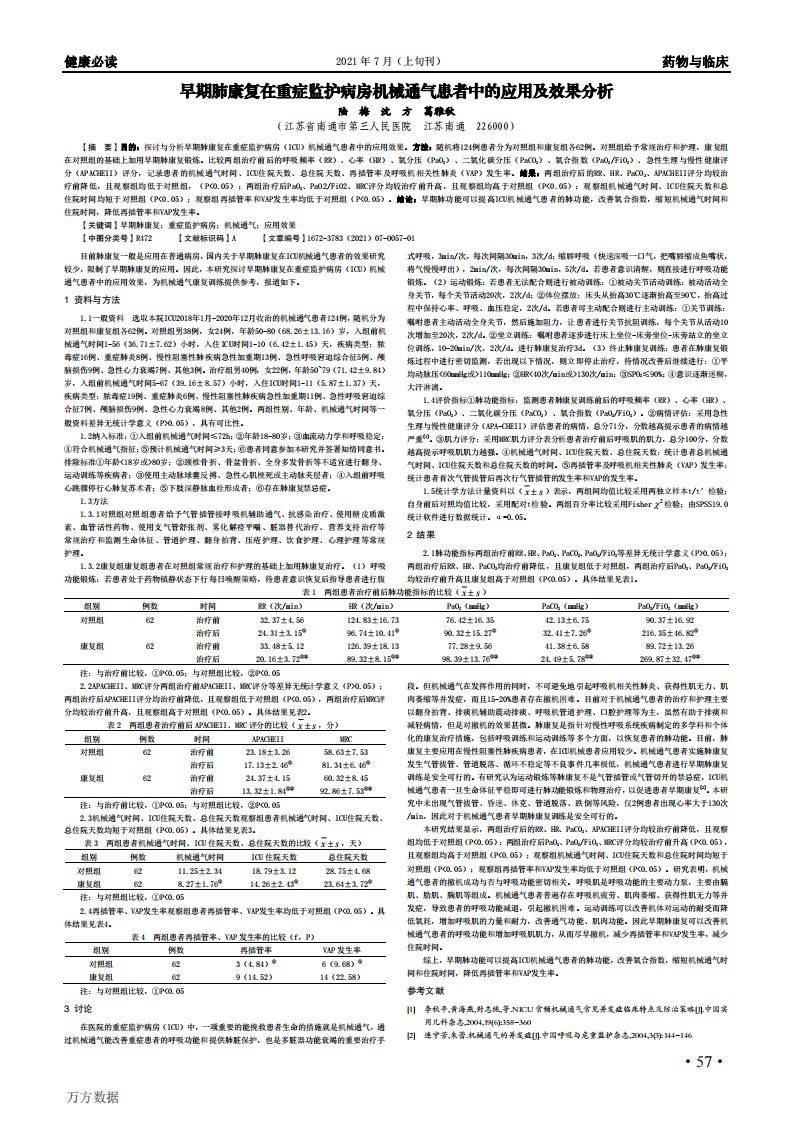 早期肺康复在重症监护病房机械通气患者中的应用及效果分析