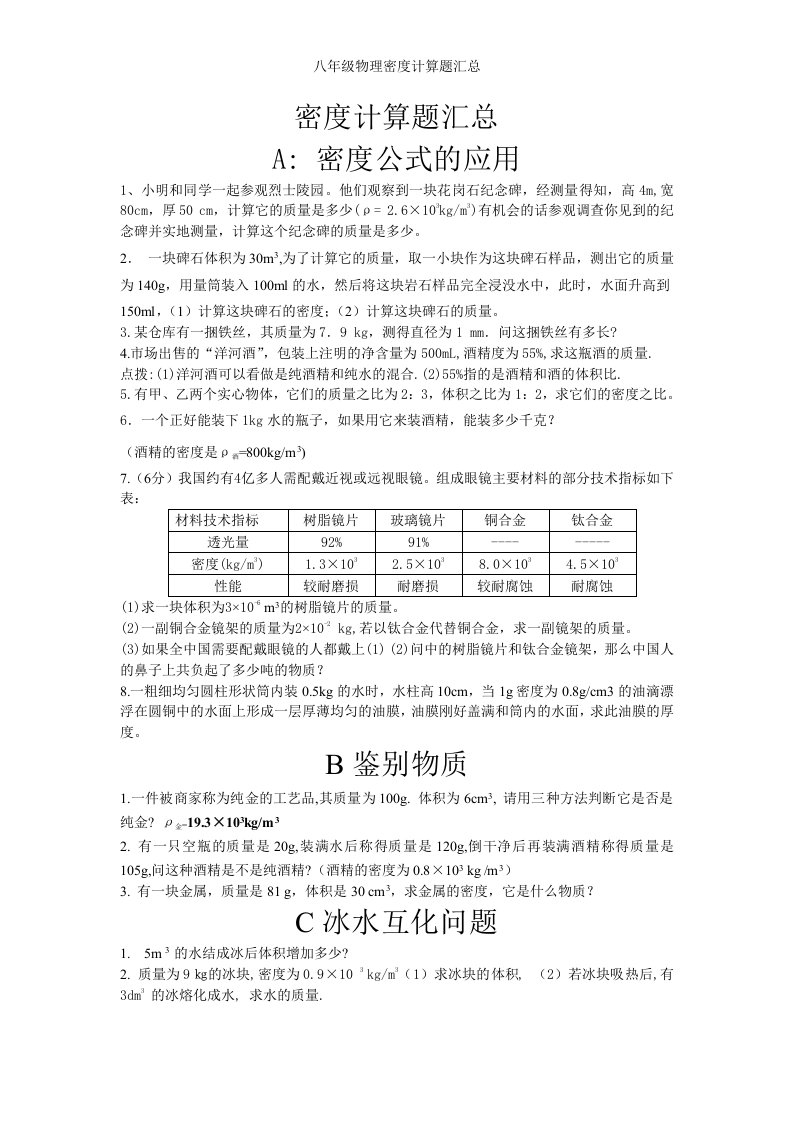 八年级物理密度计算题汇总