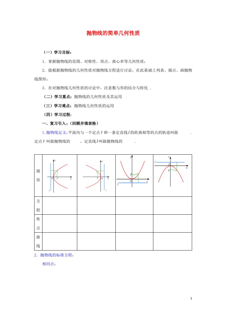 2021_2022高中数学第二章圆锥曲线与方程4抛物线2抛物线的简单几何性质1教案新人教A版选修2_1