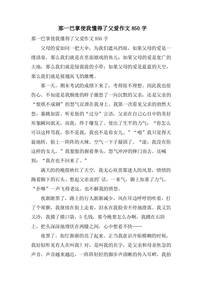 那一巴掌使我懂得了父爱作文850字