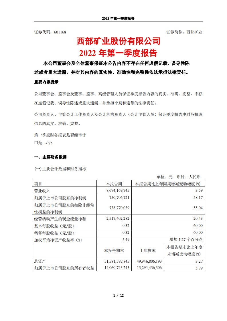 上交所-西部矿业2022年第一季度报告-20220429