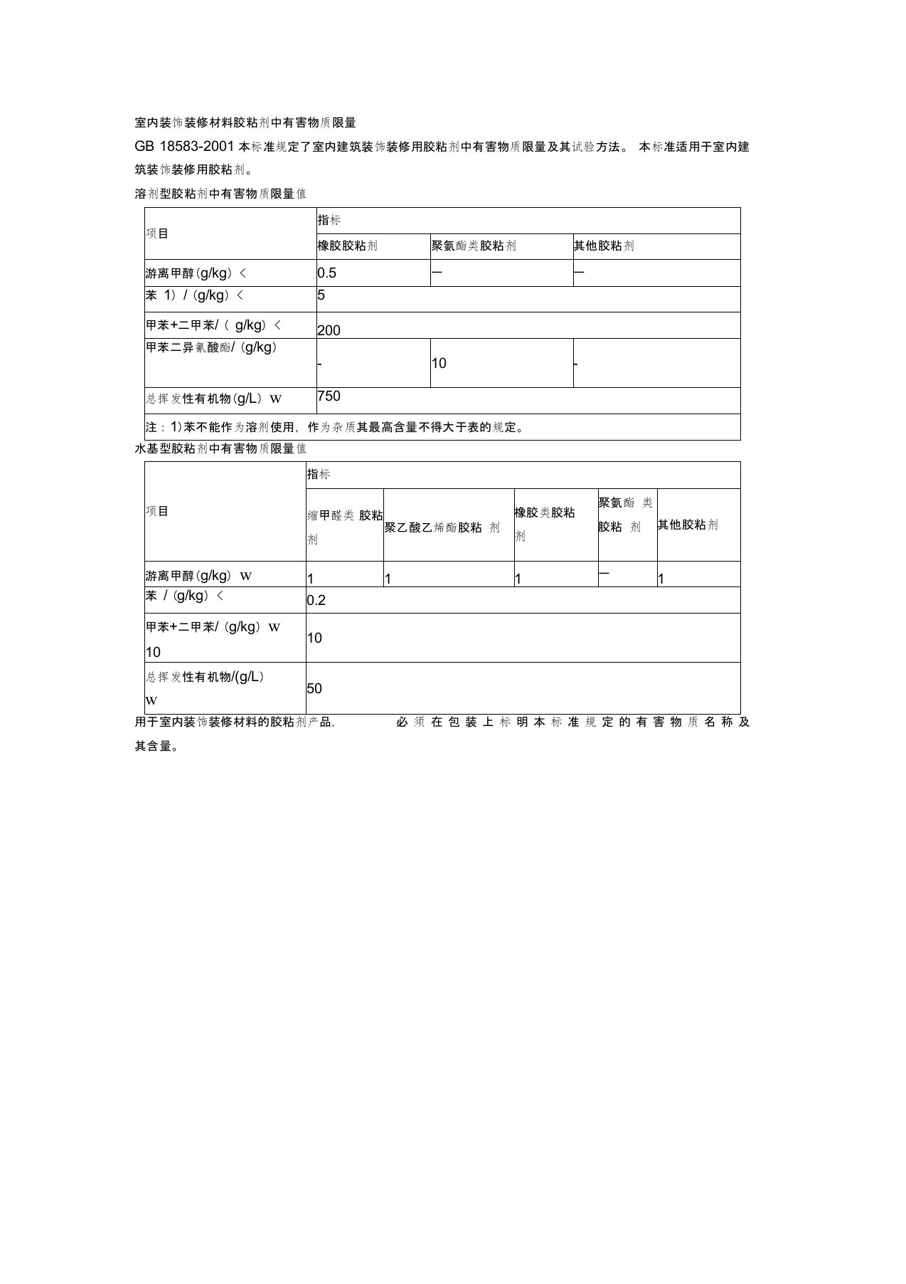 室内装饰装修材料胶粘剂中有害物质限量