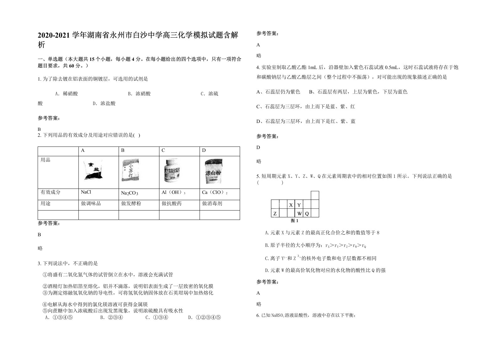 2020-2021学年湖南省永州市白沙中学高三化学模拟试题含解析