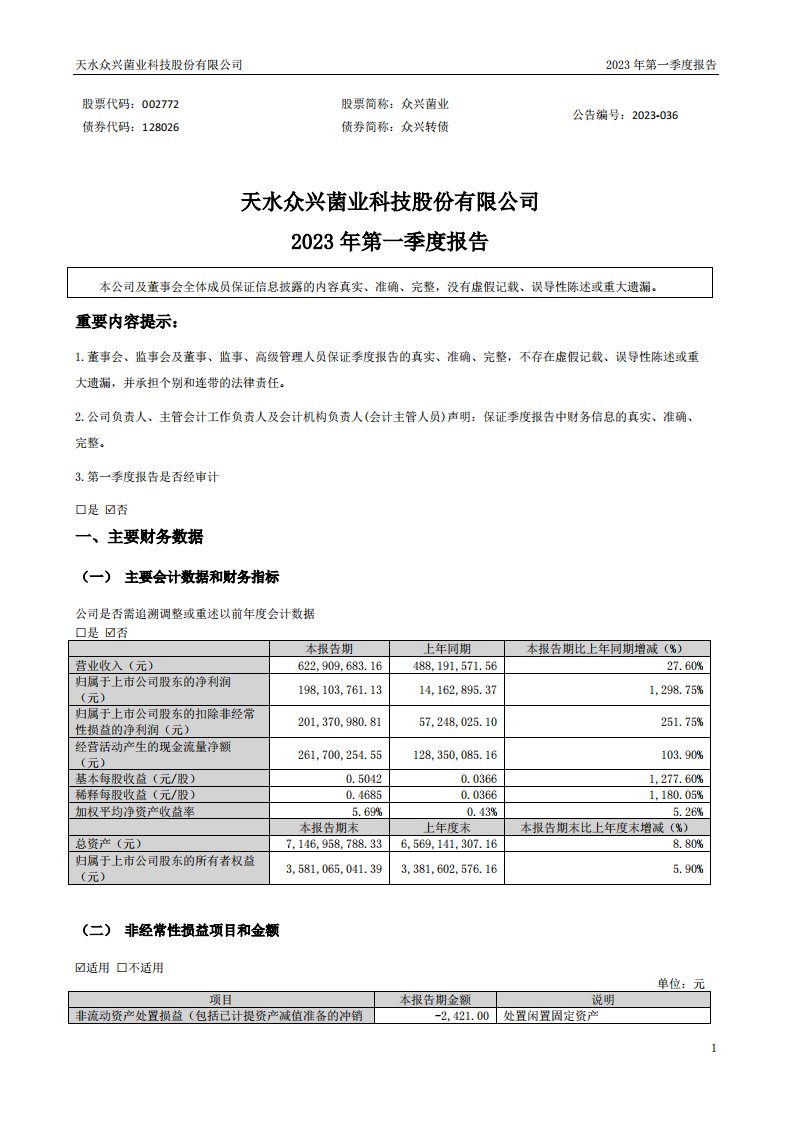 深交所-众兴菌业：2023年一季度报告-20230411