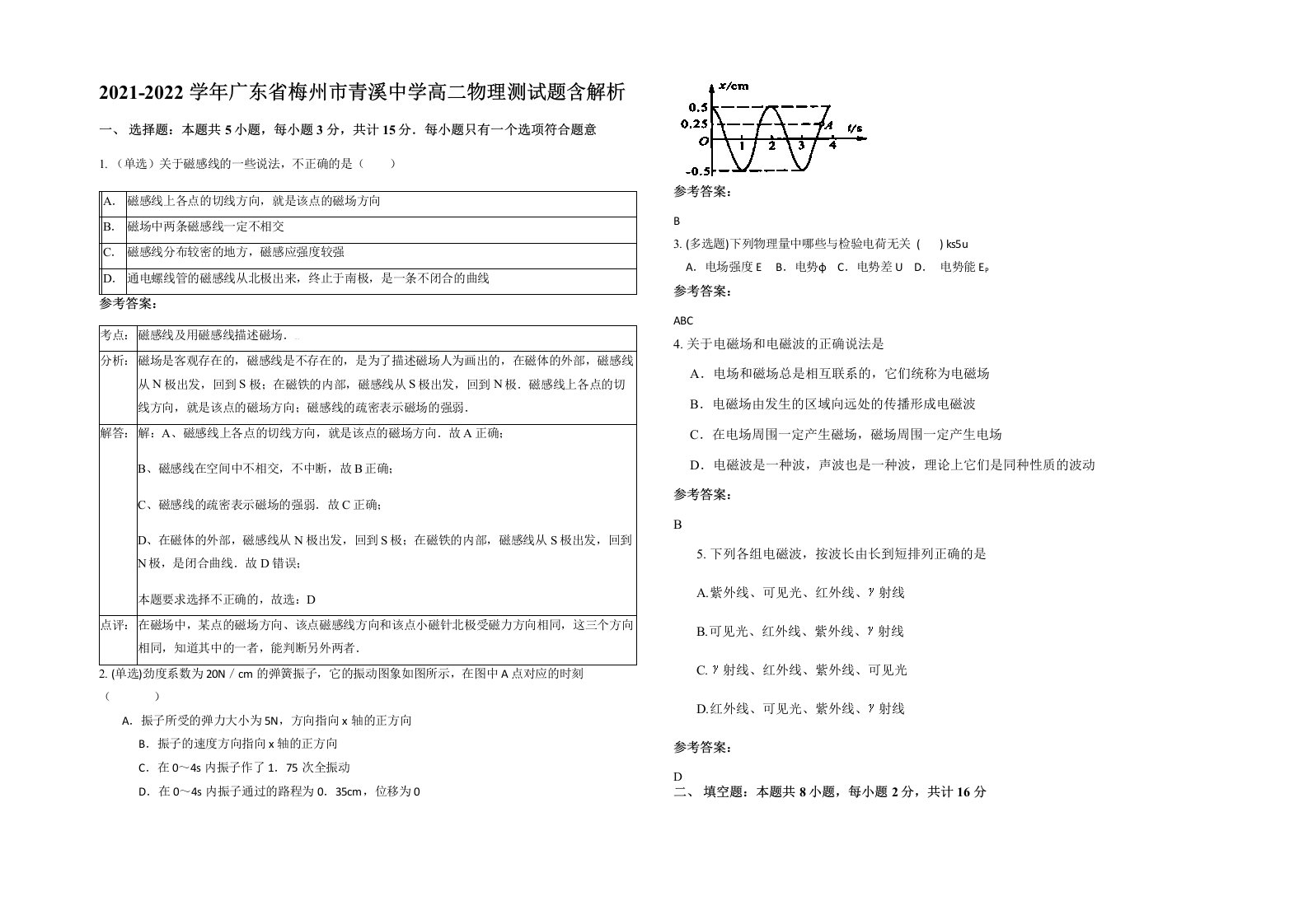 2021-2022学年广东省梅州市青溪中学高二物理测试题含解析