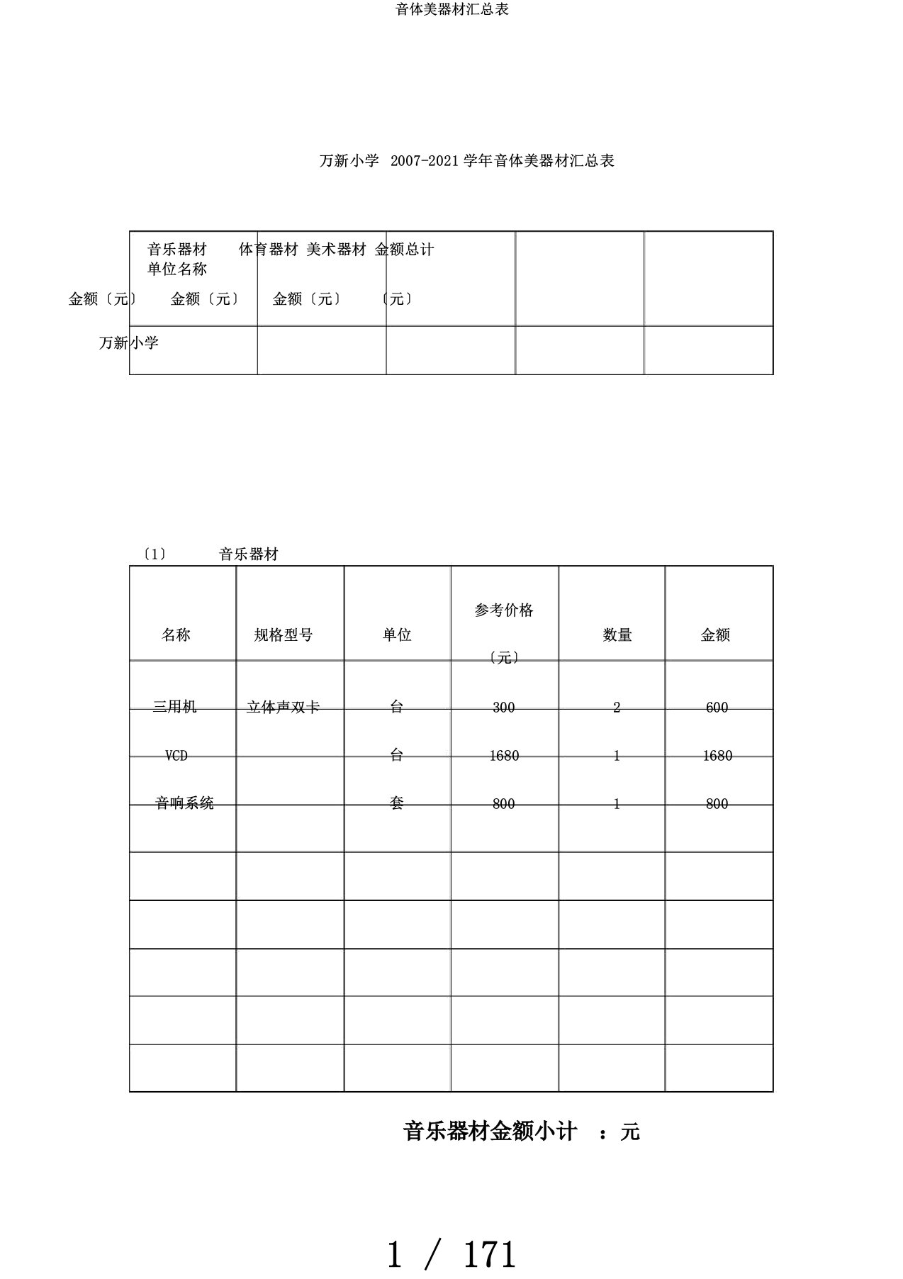 音体美器材汇总表