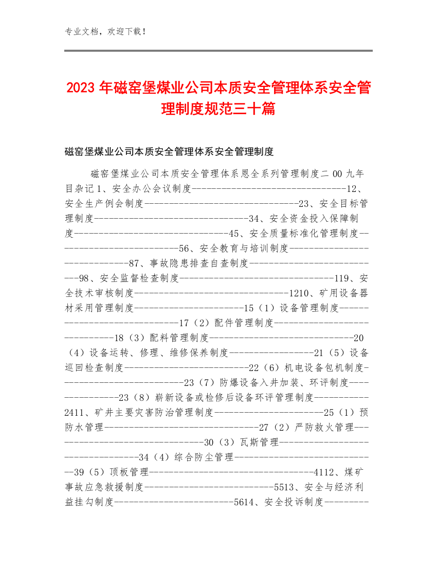 2023年磁窑堡煤业公司本质安全管理体系安全管理制度规范三十篇