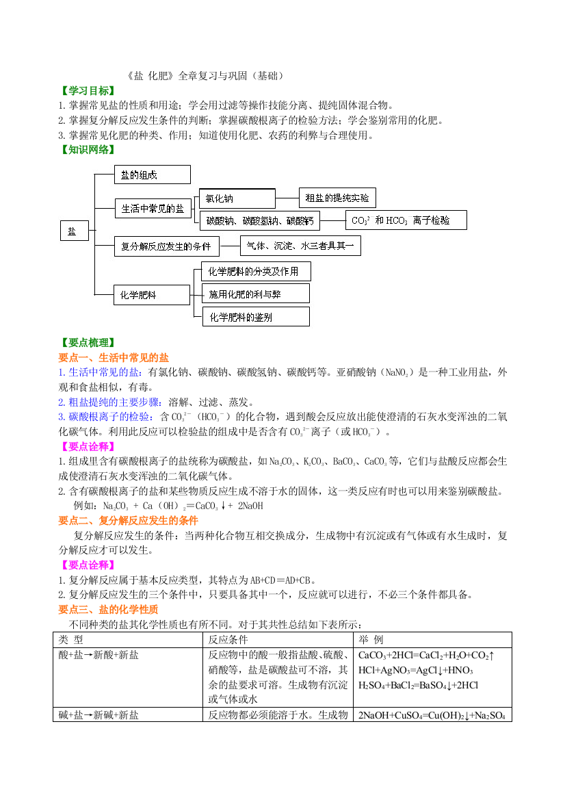 《盐-化肥》全章复习与巩固(基础)知识讲解