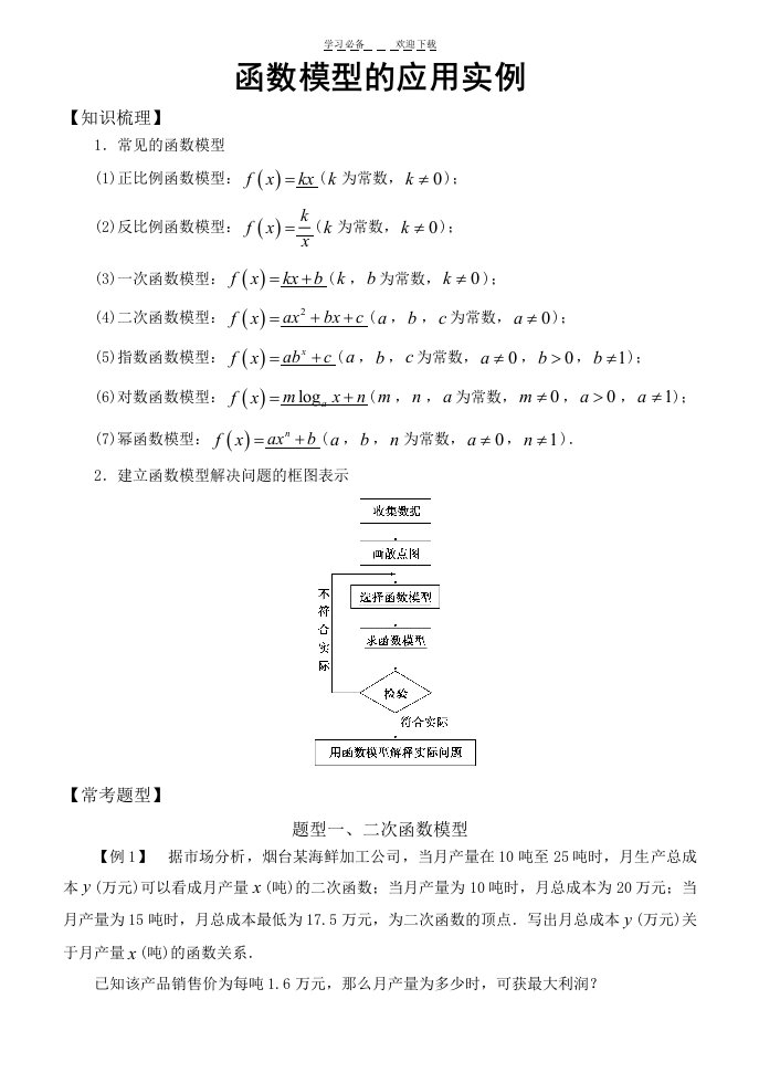 高中数学基本初等函数常考题型函数模型的应用实例