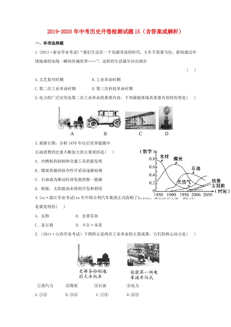 2019-2020年中考历史开卷检测试题15（含答案或解析）