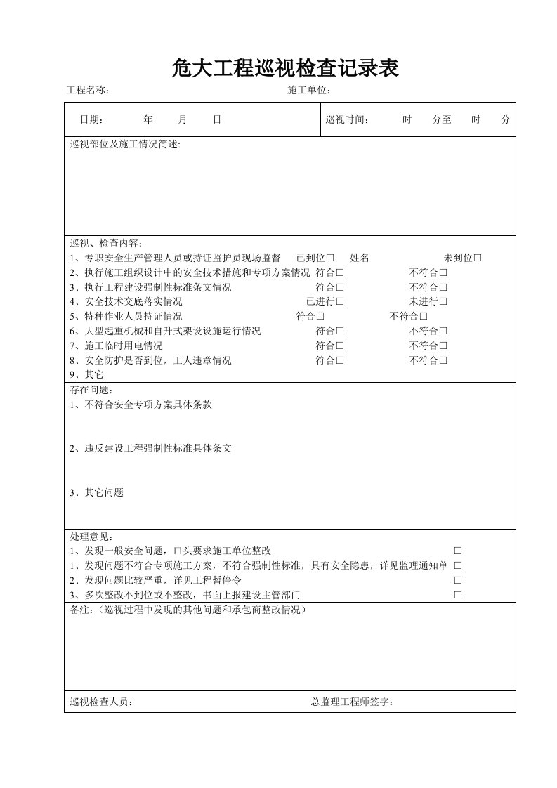 危大工程巡视检查记录表