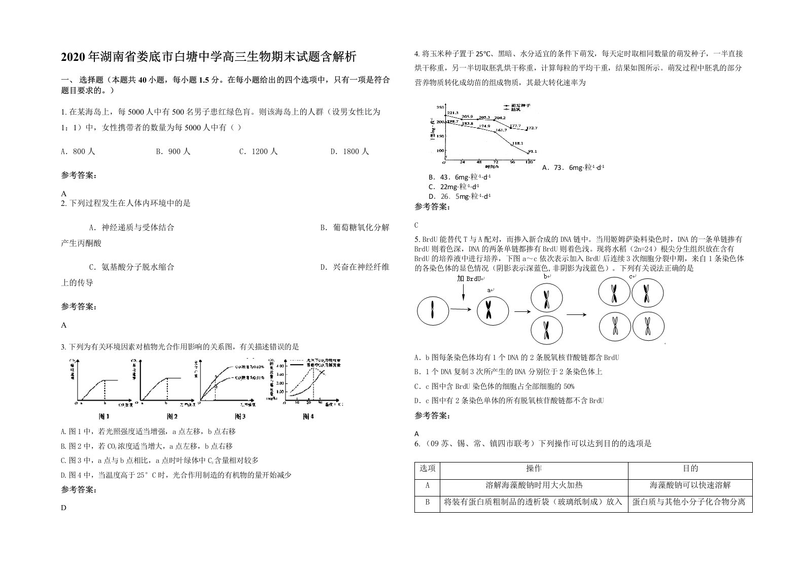 2020年湖南省娄底市白塘中学高三生物期末试题含解析