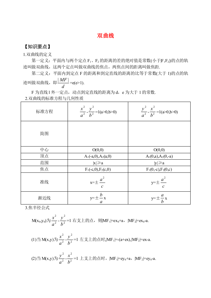 （中小学教案）2010年高三数学新数学第一轮复习教案—双曲线新课标人教A版选修2