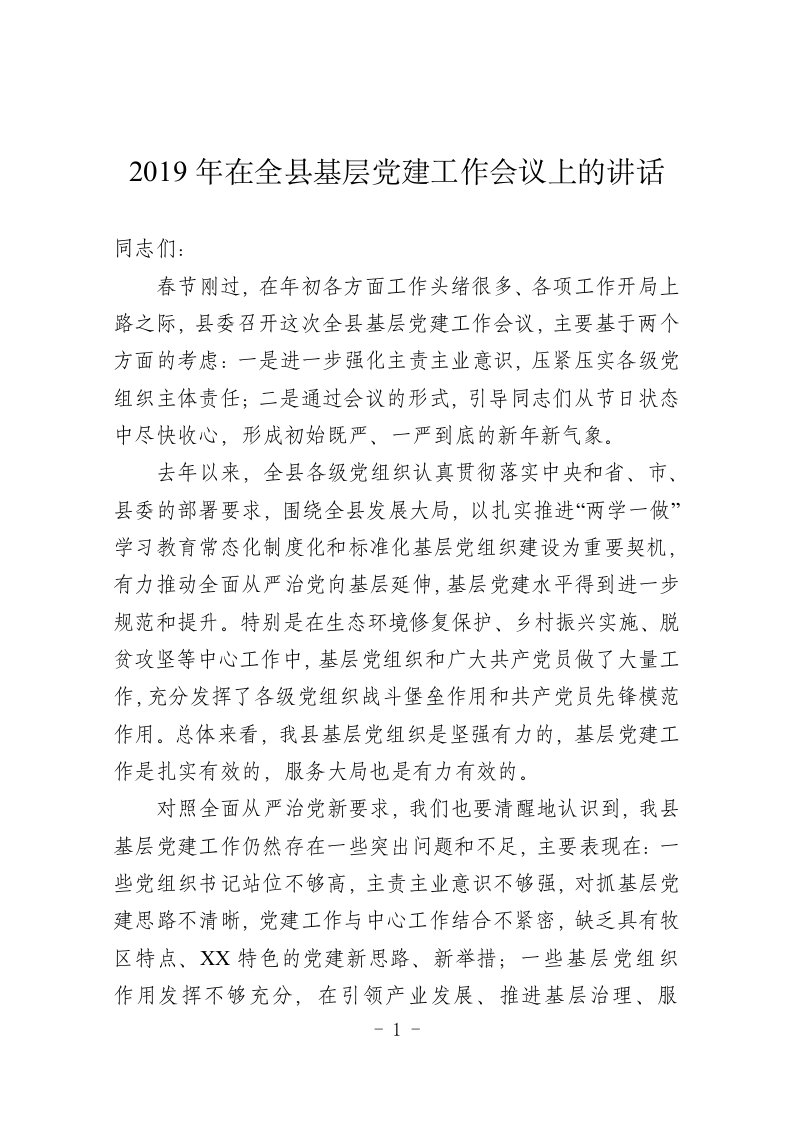 2019年县委书记在全县基层党建工作会议上的讲话稿及党建工作计划