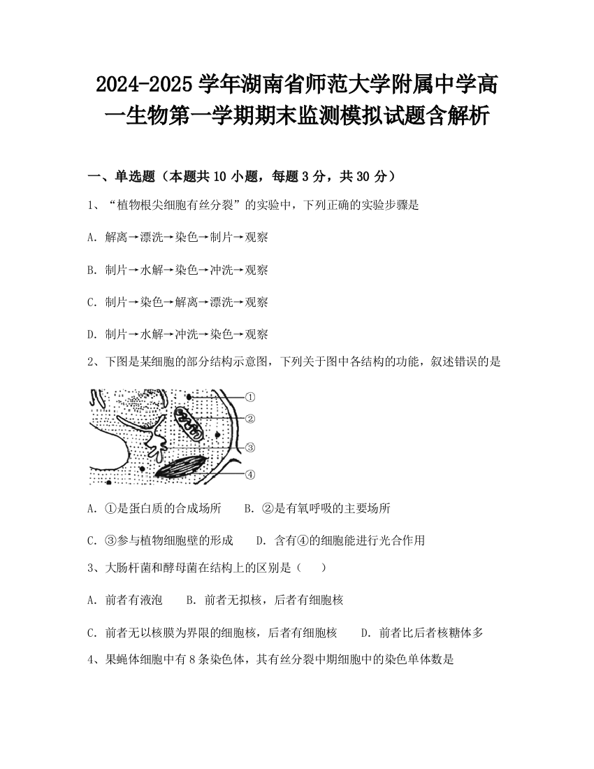 2024-2025学年湖南省师范大学附属中学高一生物第一学期期末监测模拟试题含解析