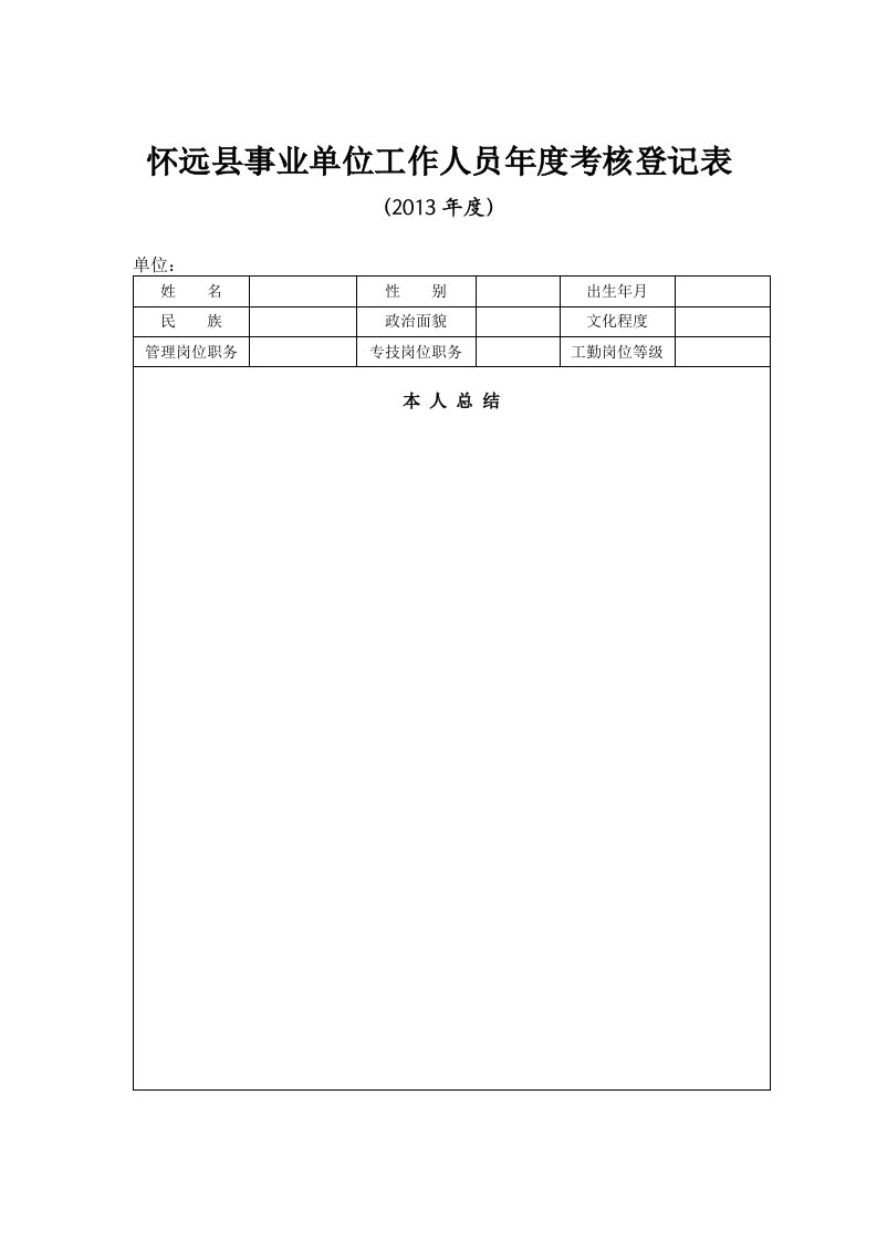 怀远县事业单位工作人员年度考核登记表