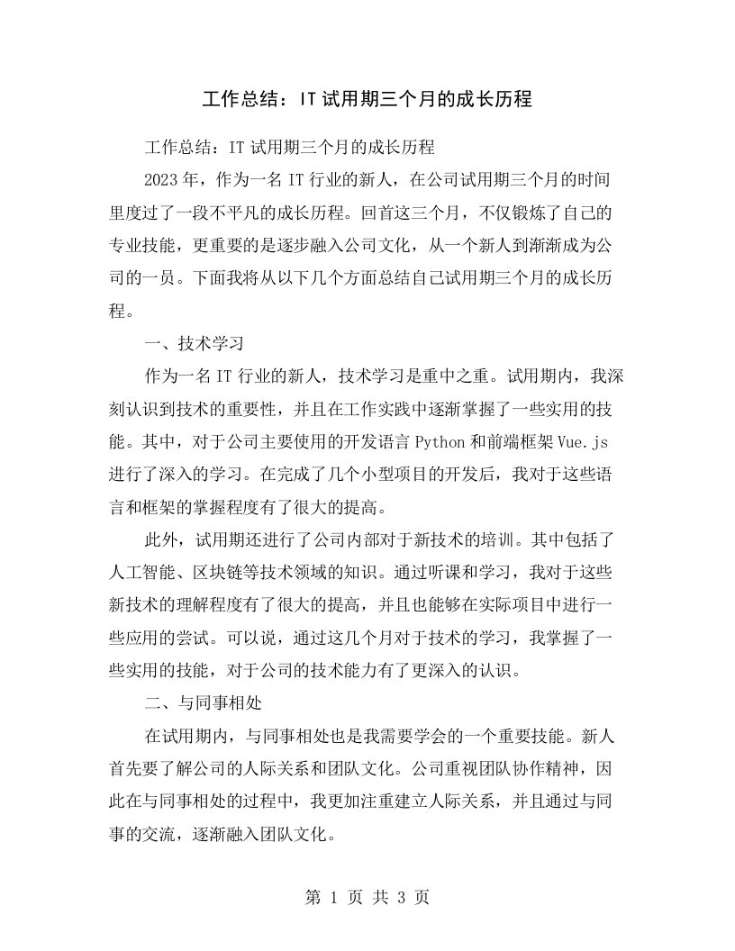 工作总结：IT试用期三个月的成长历程