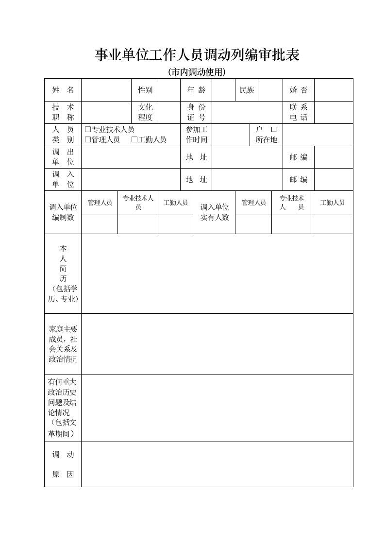 事业单位工作人员调动列编审批表