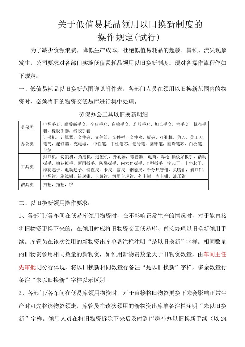 关于低易库物资以旧换新制度的试行规定