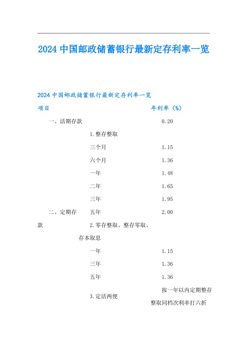 2024中国邮政储蓄银行最新定存利率一览（多篇汇编）