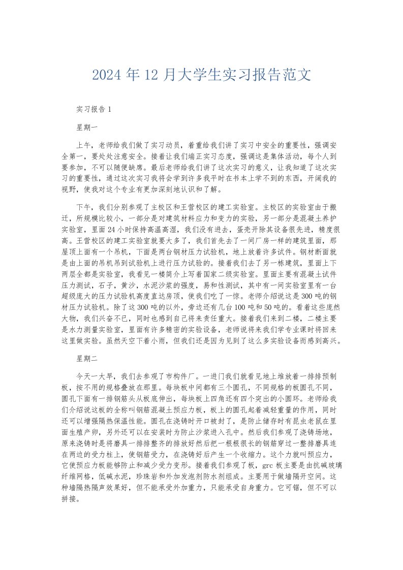 实习报告2024年12月大学生实习报告范文002