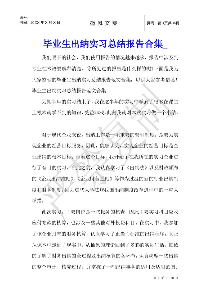 毕业生出纳实习总结报告合集