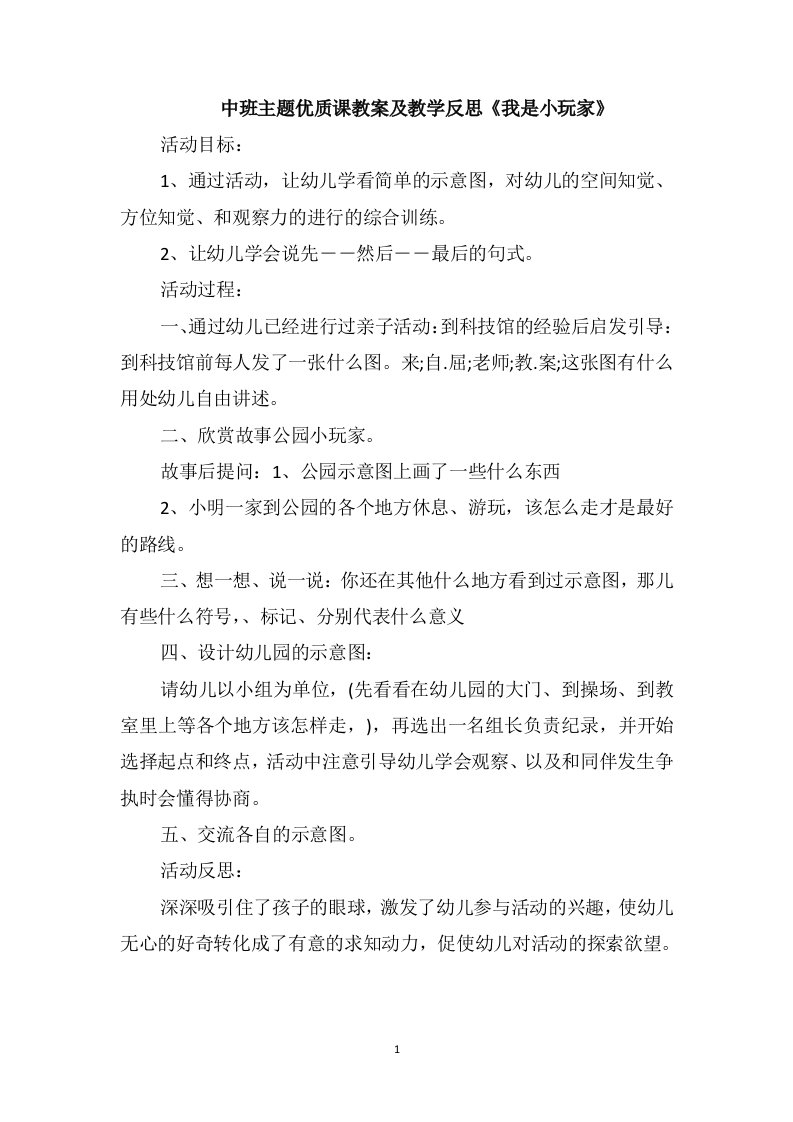 中班主题优质课教案及教学反思《我是小玩家》