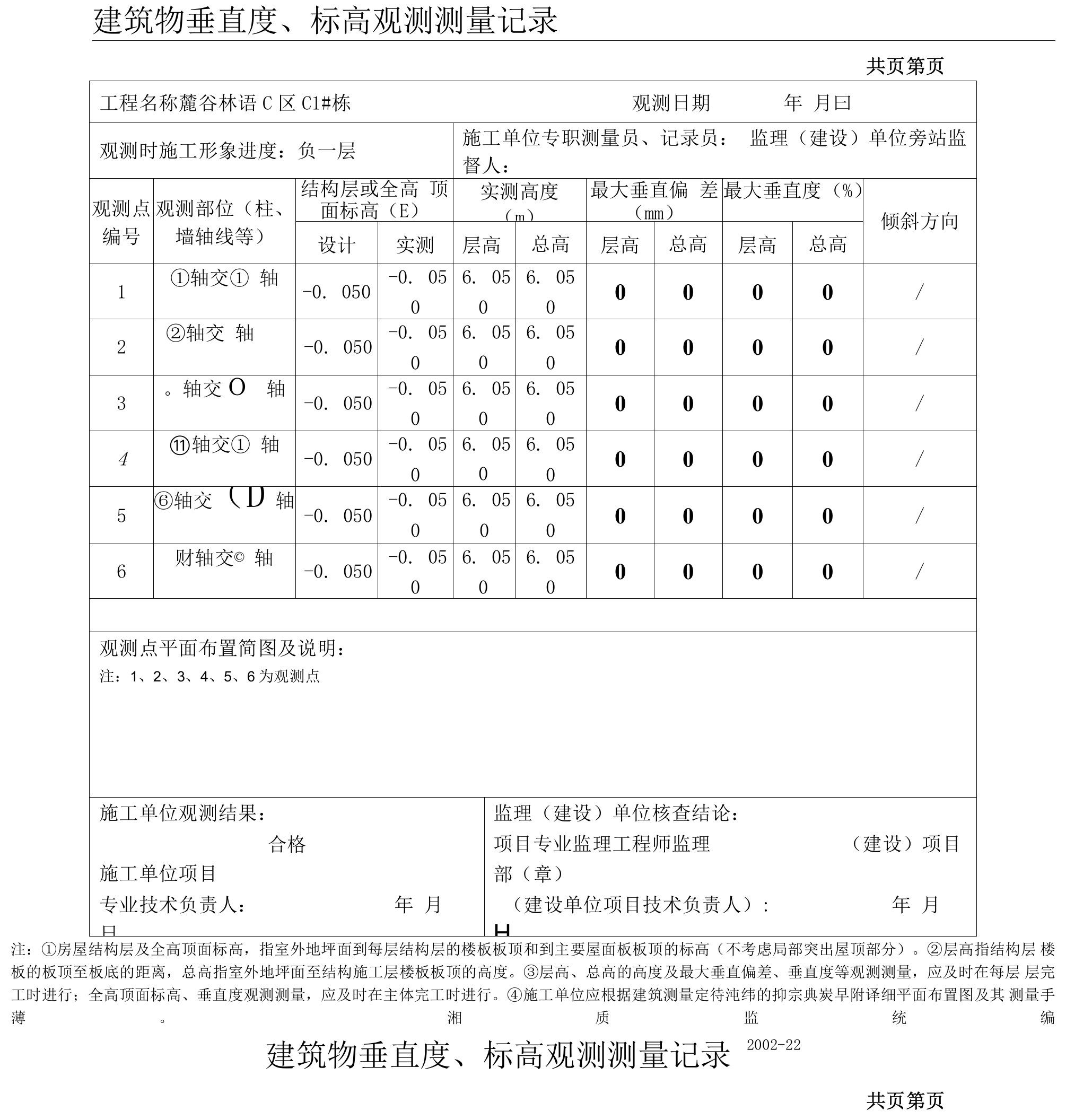 建筑物垂直度、标高观测测量记录